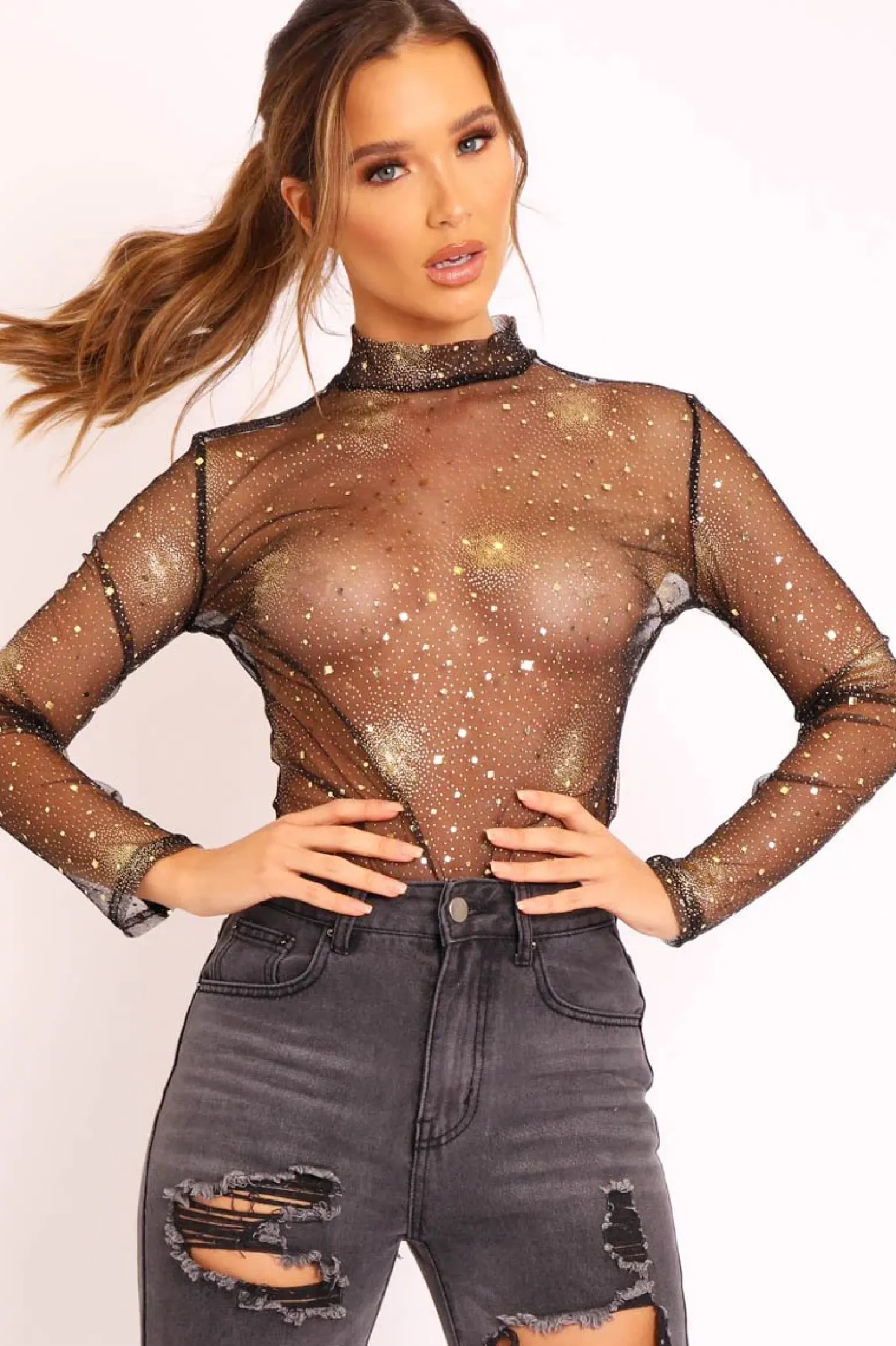Rebellious Fashion Black Gold Glitter Mesh Long Sleeve Bodysuit - Kharlie