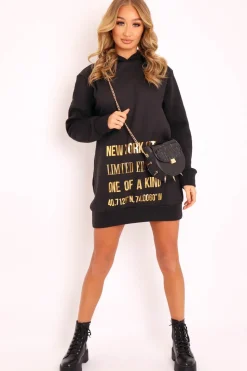 Rebellious Fashion Black Gold Metallic Slogan Hoodie - Dacia