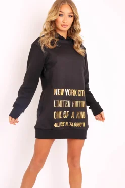 Rebellious Fashion Black Gold Metallic Slogan Hoodie - Dacia