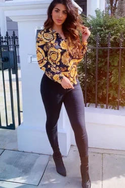 Rebellious Fashion Black Gold Scarf Print Button Down Shirt - Khani