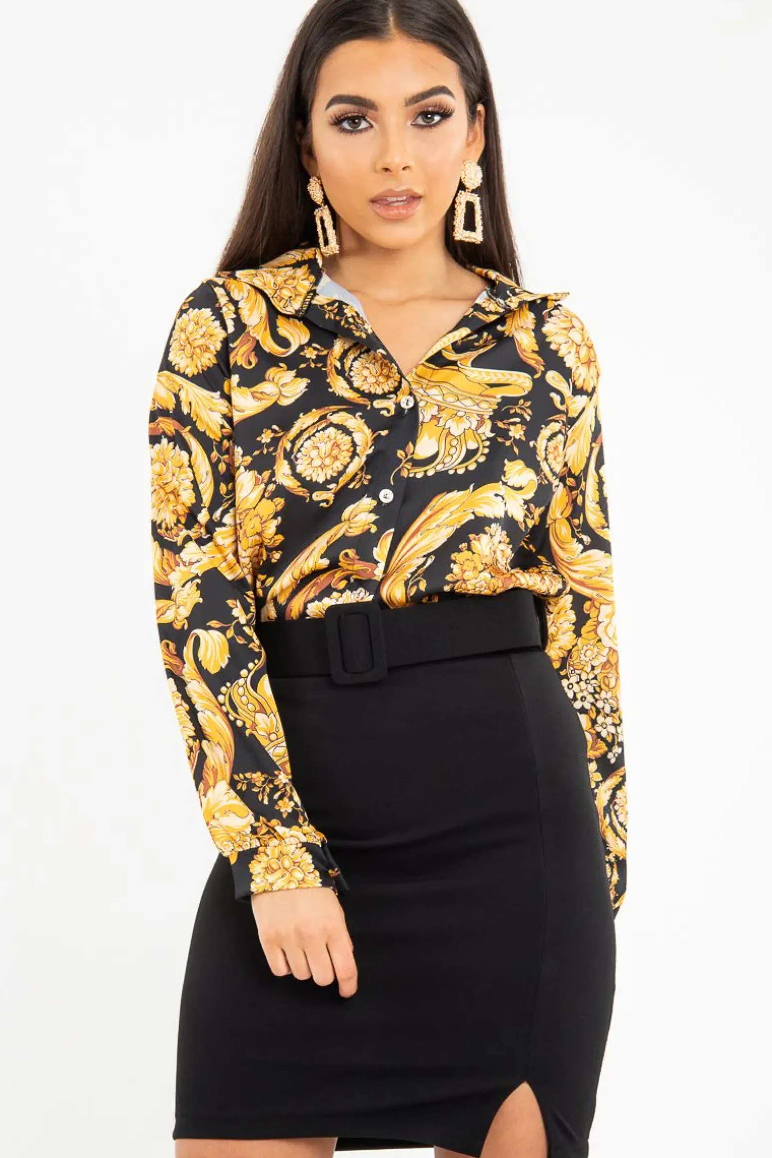Rebellious Fashion Black Gold Scarf Print Button Down Shirt - Khani