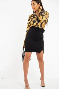 Rebellious Fashion Black Gold Scarf Print Button Down Shirt - Khani