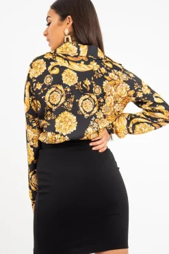 Rebellious Fashion Black Gold Scarf Print Button Down Shirt - Khani