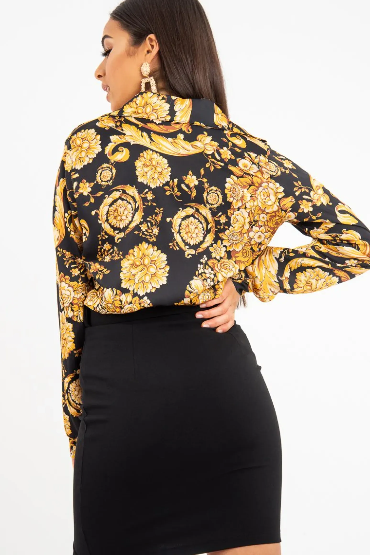 Rebellious Fashion Black Gold Scarf Print Button Down Shirt - Khani