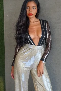 Rebellious Fashion Black Gold Sequin Plunge Bodysuit - Dreah