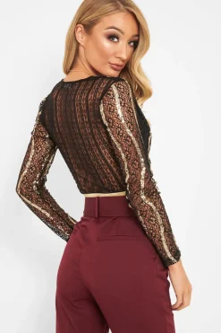 Rebellious Fashion Black Gold Sequin Plunge Bodysuit - Dreah