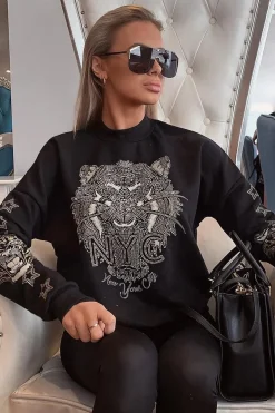 Rebellious Fashion Black Gold Studded Tiger NYC Sweatshirt - Lezlie