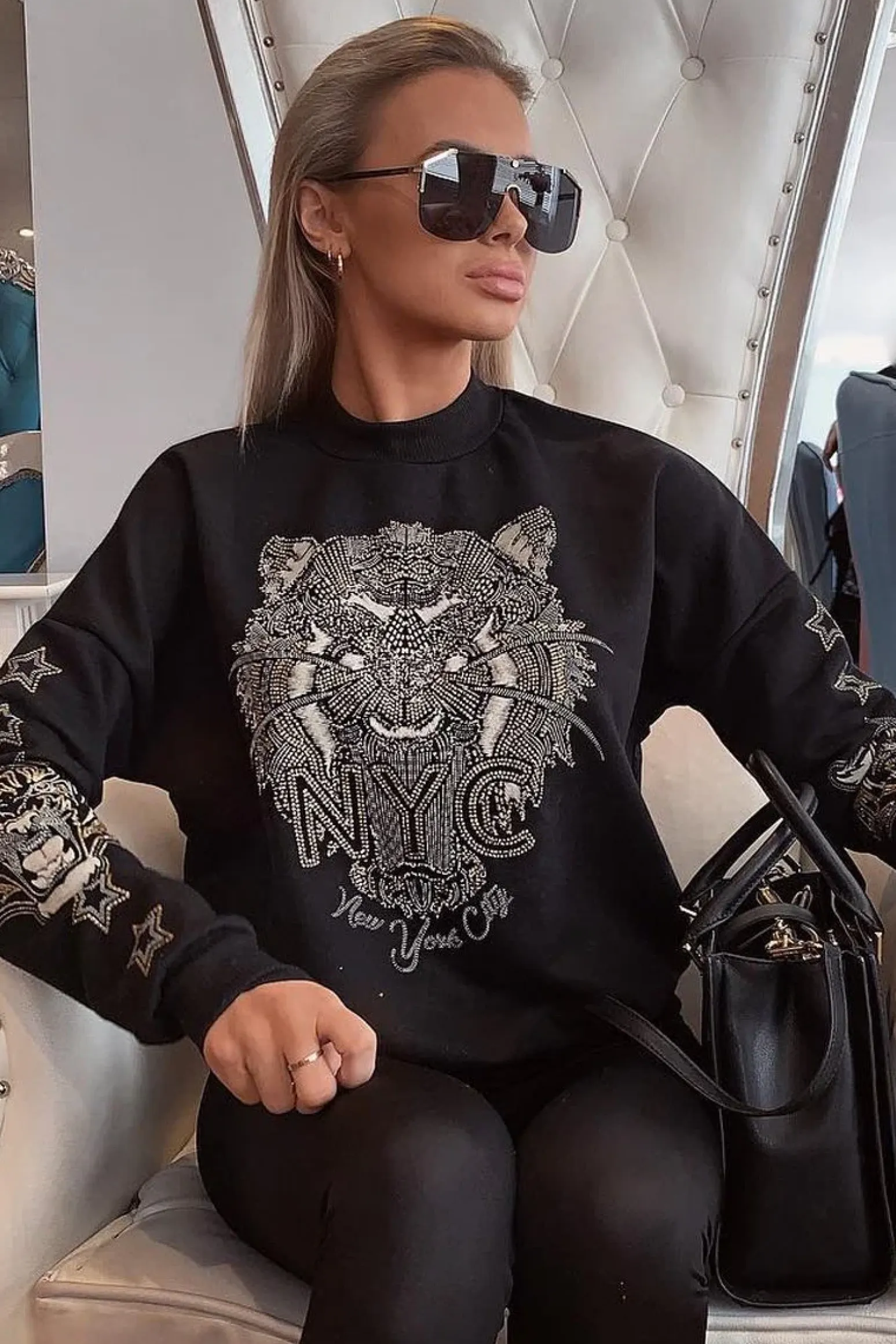 Rebellious Fashion Black Gold Studded Tiger NYC Sweatshirt - Lezlie