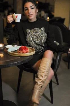 Rebellious Fashion Black Gold Studded Tiger NYC Sweatshirt - Lezlie