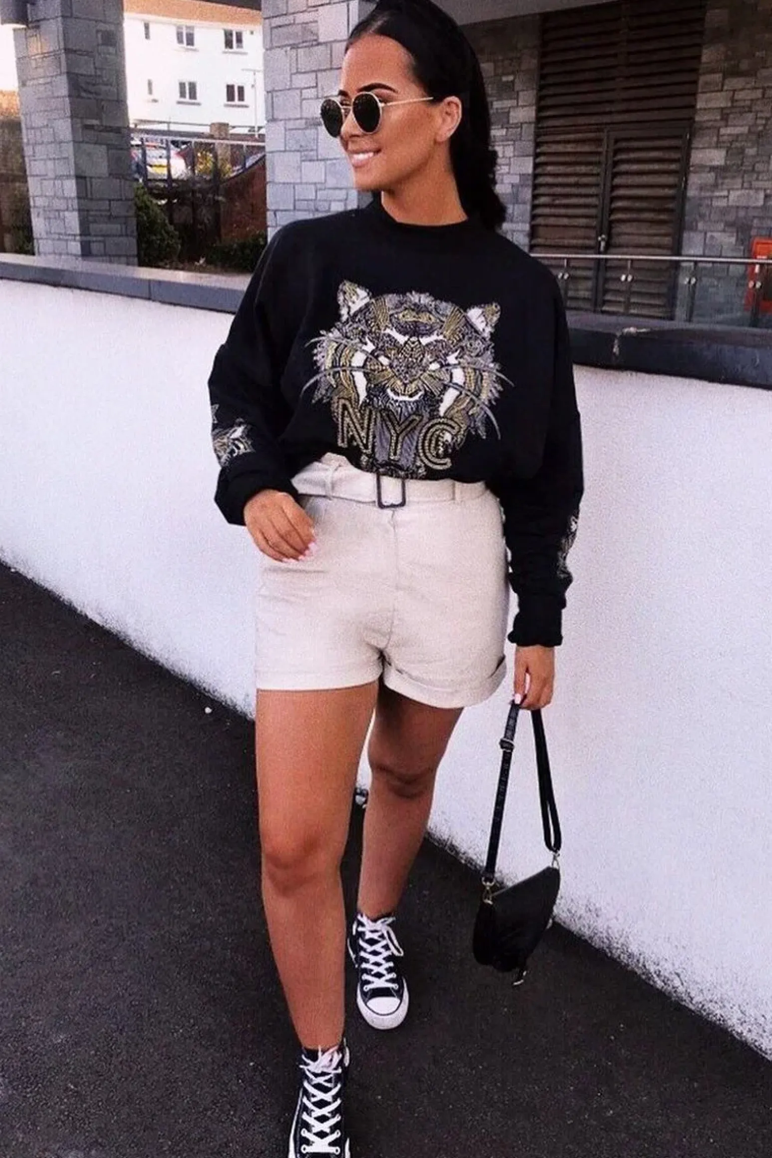 Rebellious Fashion Black Gold Studded Tiger NYC Sweatshirt - Lezlie