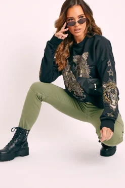 Rebellious Fashion Black Gold Studded Tiger NYC Sweatshirt - Lezlie