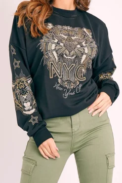 Rebellious Fashion Black Gold Studded Tiger NYC Sweatshirt - Lezlie