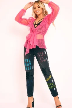 Rebellious Fashion Black Graffiti Print Distressed Boyfriend Jeans - Maryana