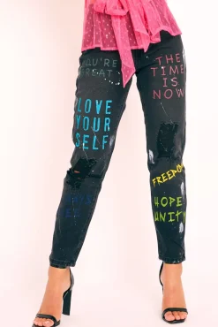 Rebellious Fashion Black Graffiti Print Distressed Boyfriend Jeans - Maryana