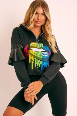 Rebellious Fashion Black Graphic Frill Sleeve Hoodie - Ileigh