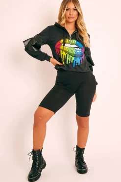 Rebellious Fashion Black Graphic Frill Sleeve Hoodie - Ileigh