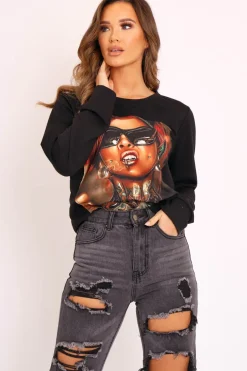Rebellious Fashion Black Graphic Motif Sweatshirt - Janny