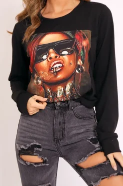 Rebellious Fashion Black Graphic Motif Sweatshirt - Janny