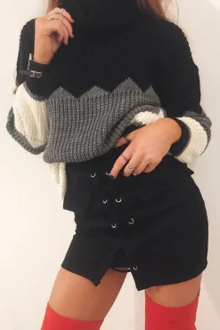 Rebellious Fashion Black Grey and Cream ZigZag Patterned Roll Neck Jumper - Nataley