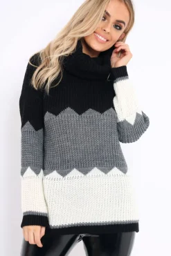 Rebellious Fashion Black Grey and Cream ZigZag Patterned Roll Neck Jumper - Nataley