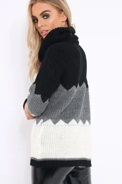 Rebellious Fashion Black Grey and Cream ZigZag Patterned Roll Neck Jumper - Nataley