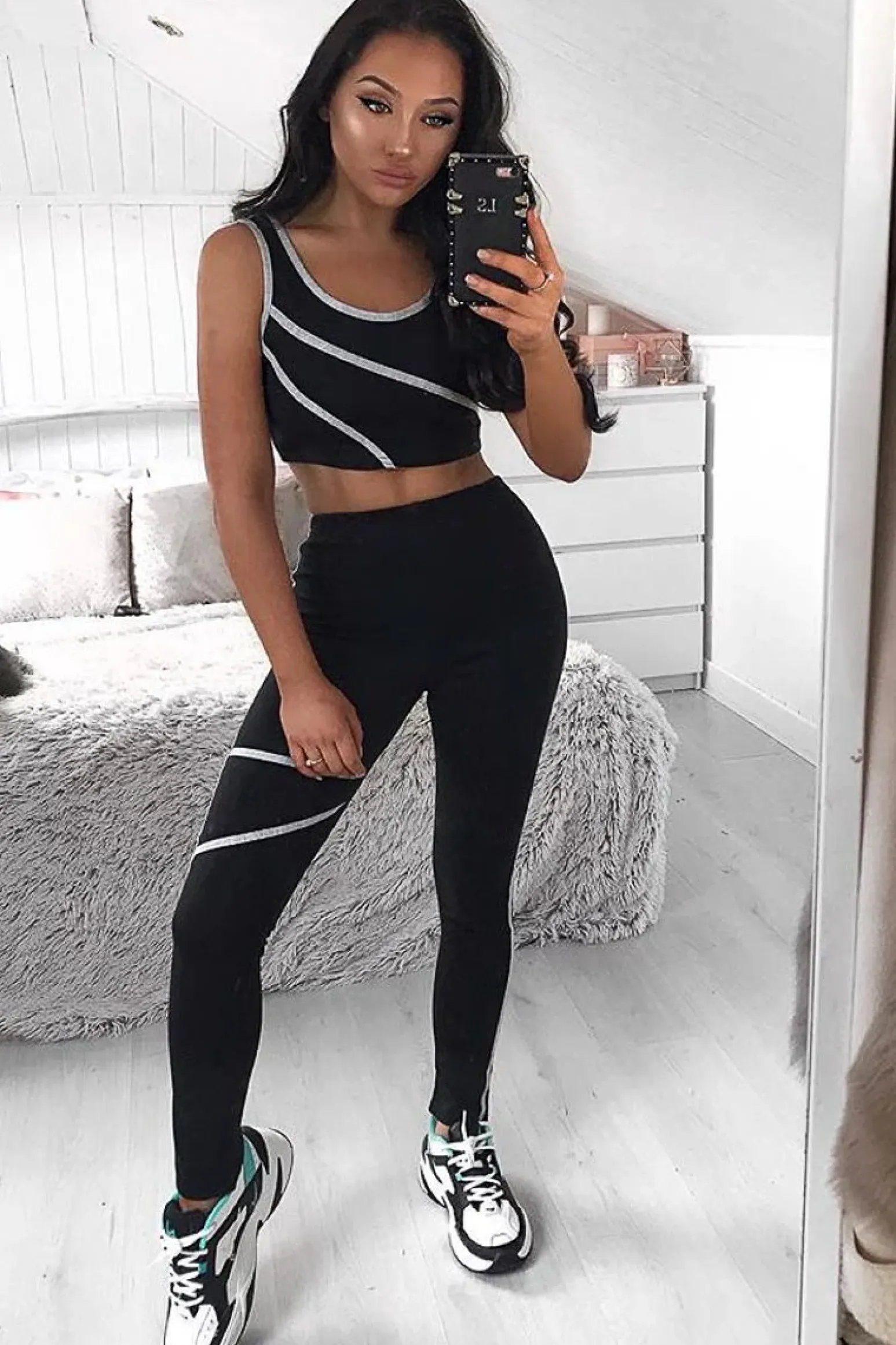 Rebellious Fashion Black Grey Crop Top Leggings Activewear Co-Ord - Kaelin