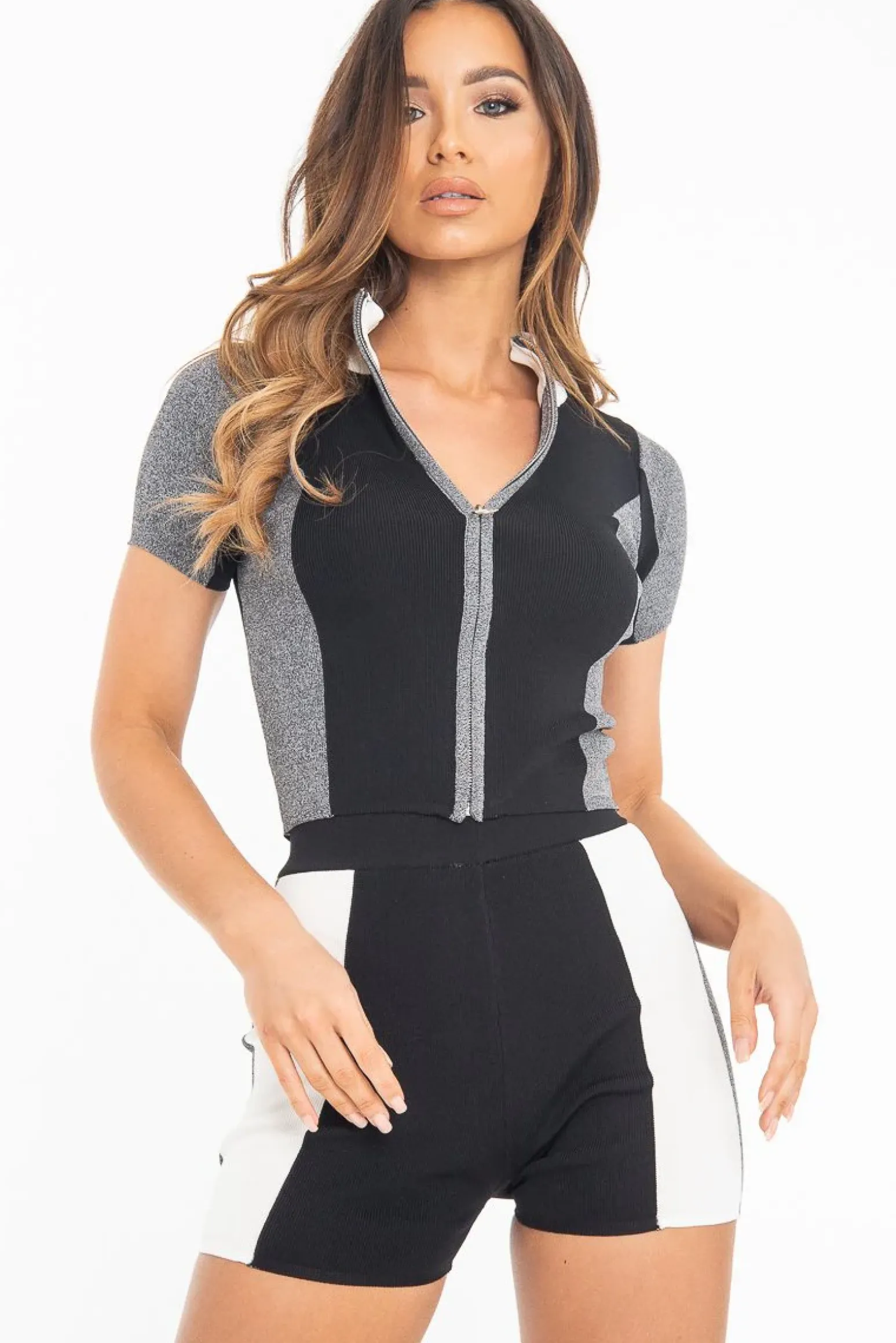 Rebellious Fashion Black Grey Knitted Zip Front Top Shorts Co-Ord - Keonna