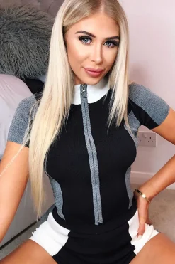 Rebellious Fashion Black Grey Knitted Zip Front Top Shorts Co-Ord - Keonna