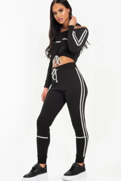Rebellious Fashion Black Grey Stripe Detail Tie Waist Sweatshirt and Jogger Set - Zamiya