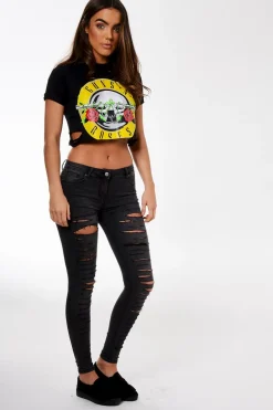 Rebellious Fashion Black Guns N Roses Ripped Crop Top - Logan