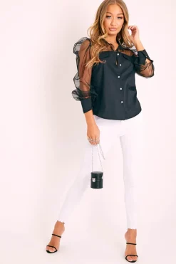 Rebellious Fashion Black Half Mesh Puff Sleeve Shirt - Hallie
