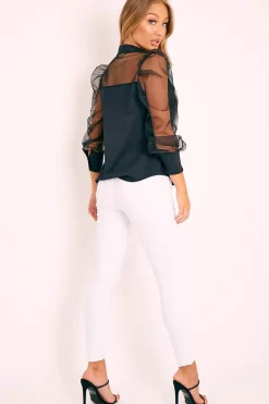 Rebellious Fashion Black Half Mesh Puff Sleeve Shirt - Hallie