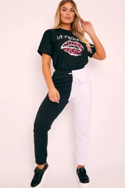 Rebellious Fashion Black Half White Elasticated Waist Joggers - Dasha
