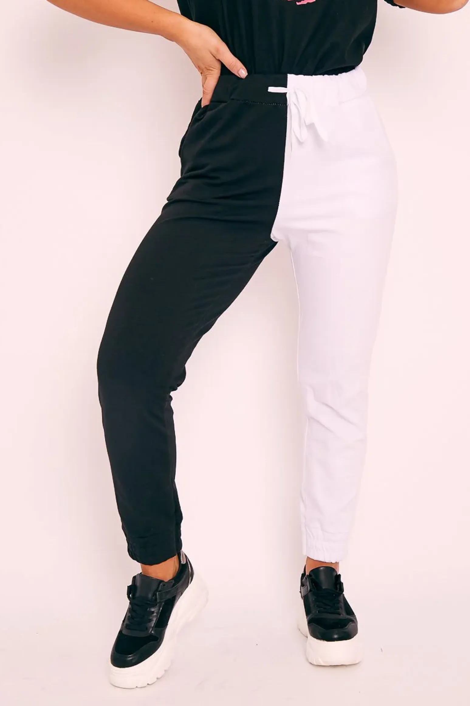 Rebellious Fashion Black Half White Elasticated Waist Joggers - Dasha