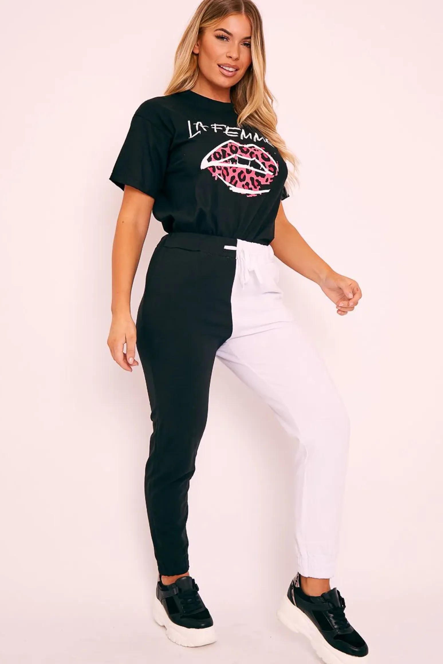 Rebellious Fashion Black Half White Elasticated Waist Joggers - Dasha