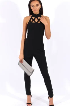 Rebellious Fashion Black Halterneck Cage Detail Jumpsuit - Mandy