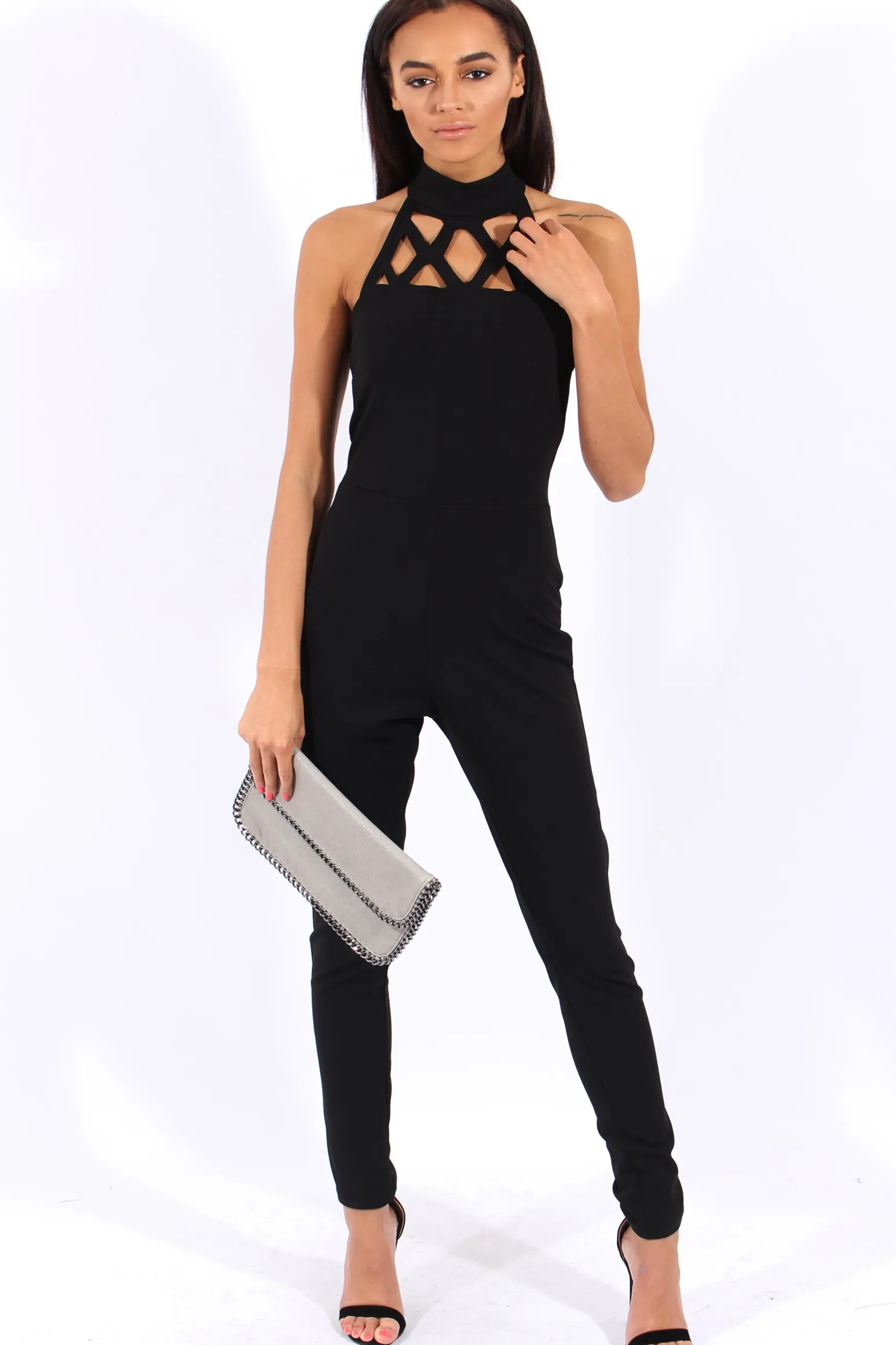 Rebellious Fashion Black Halterneck Cage Detail Jumpsuit - Mandy