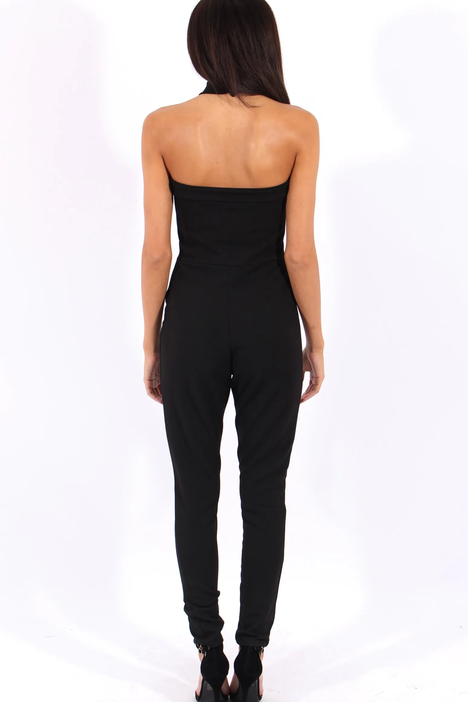 Rebellious Fashion Black Halterneck Cage Detail Jumpsuit - Mandy