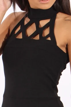 Rebellious Fashion Black Halterneck Cage Detail Jumpsuit - Mandy