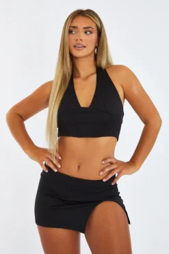 Rebellious Fashion Black Halter Neck Crop Top & Low Rise Micro Mini Skirt - Kai