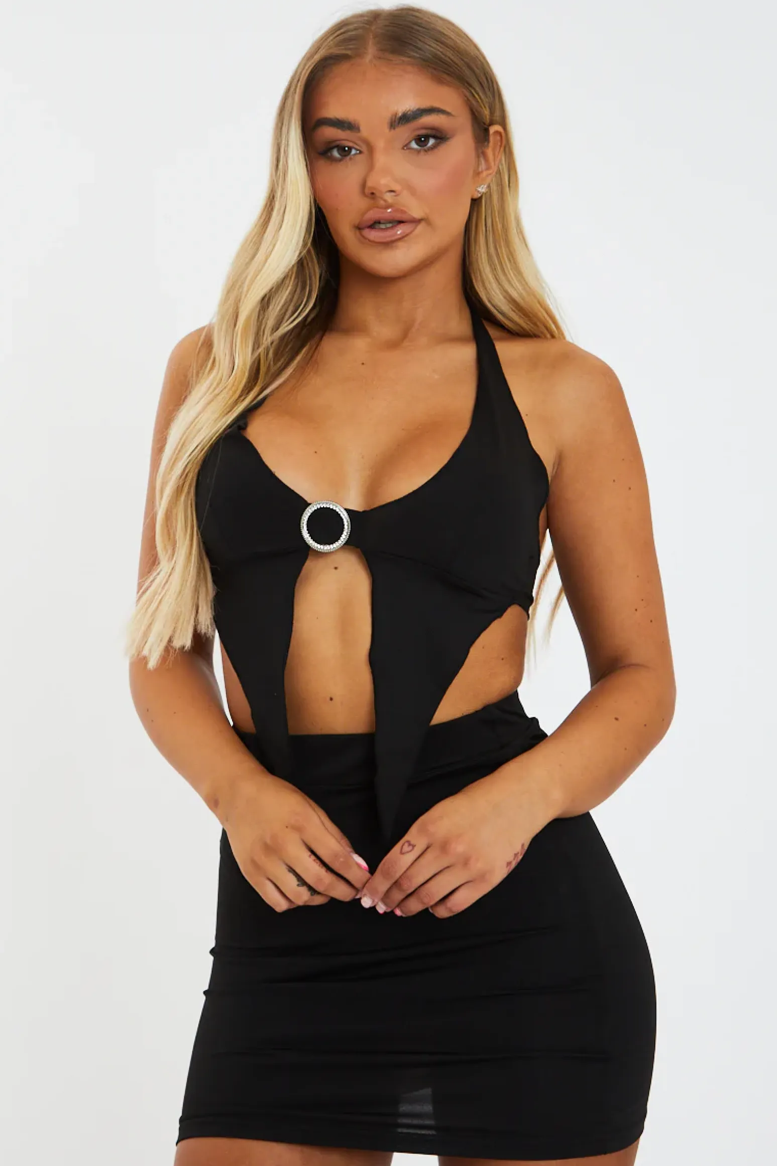 Rebellious Fashion Black Halter Neck Crop Top & Mini Skirt Set - Rayal