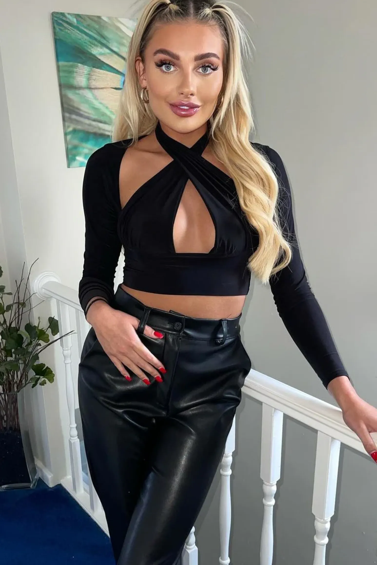 Rebellious Fashion Black Halter Neck Cut Out Crop Top - Sno