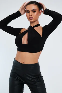 Rebellious Fashion Black Halter Neck Cut Out Crop Top - Sno