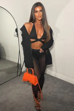 Rebellious Fashion Black Halter Neck Glitter Crop Top & Leggings Set - Skye