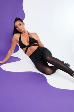 Rebellious Fashion Black Halter Neck Glitter Crop Top & Leggings Set - Skye