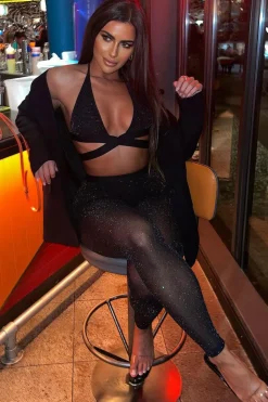 Rebellious Fashion Black Halter Neck Glitter Crop Top & Leggings Set - Skye