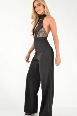 Rebellious Fashion Black Halterneck Plunge Lace Insert Jumpsuit - Oksana