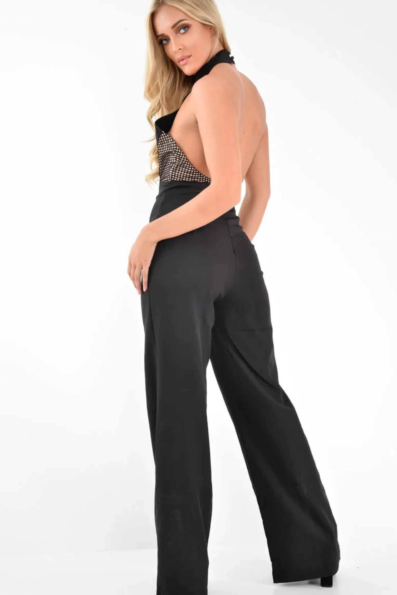 Rebellious Fashion Black Halterneck Plunge Lace Insert Jumpsuit - Oksana