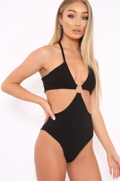Rebellious Fashion Black Halterneck Ring Front Extreme Cut Out Bodysuit - Helayna