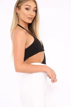 Rebellious Fashion Black Halterneck Ring Front Extreme Cut Out Bodysuit - Helayna